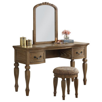 Poundex Wood Vanity Set with Stool and Mirror in Antique Oak