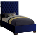Meridian Furniture - Lexi Velvet Bed, Navy, Twin - Make the Lexi navy velvet bed part of your dream bedroom setup. This bed has all of the bells and whistles you want, including a super tall headboard that stands nearly five-feet tall. The bed is covered in navy velvet fabric for a luxe look, and it's deeply tufted for added luxuriousness. The headboard is soft and welcoming against your back and head as you read or watch TV in bed, and the bed rests on chrome legs for dependable sturdiness and durability. Use it without a box spring or foundation, since the slats are included.