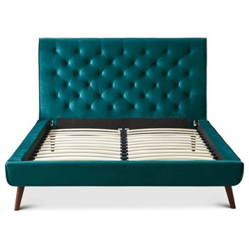 Alice Mid Century Modern Turquoise Velvet Upholstered Queen Platform Bed