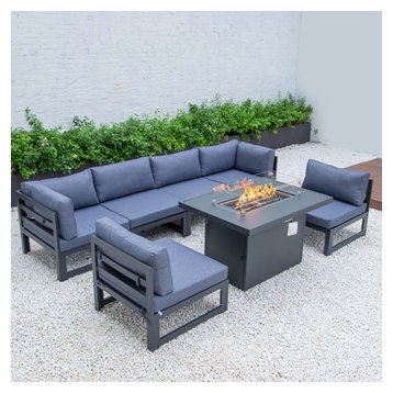 Chelsea Outdoor 7-Piece Aluminum Conversation Set With Fire Pit Table, Blue