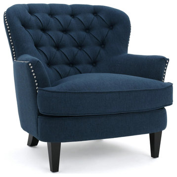 Accent Chair, Oversized Design With Button Tufted Back and Nailhead, Dark Blue