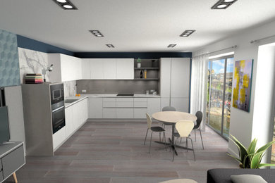 Photo of a medium sized modern grey and white l-shaped open plan kitchen in Other with a single-bowl sink, flat-panel cabinets, grey cabinets, quartz worktops, grey splashback, glass sheet splashback, black appliances, laminate floors, no island, multi-coloured floors, multicoloured worktops and a feature wall.