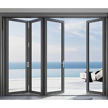Aluminum folding patio doors 10'x8', black color. low e glass R-L
