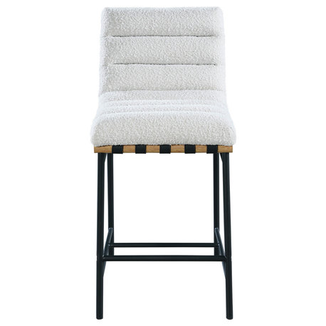 Burke Counter Stool, Cream, Boucle Fabric, White Oak Veneer Metal Dowel