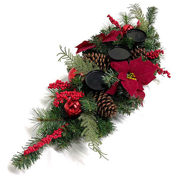32" Artificial Pine Berries & Poinsettia Christmas Candle Holder Centerpiece