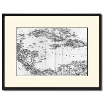 Caribbean, Cuba, Jamaica Old B&W Map Print On Canvas With Black Frame, 16" X 21"