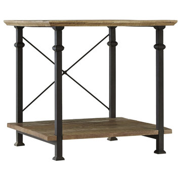 Industrial End Table, Metal Frame With Rustic Poplar Wood Top & Lower Open Shelf