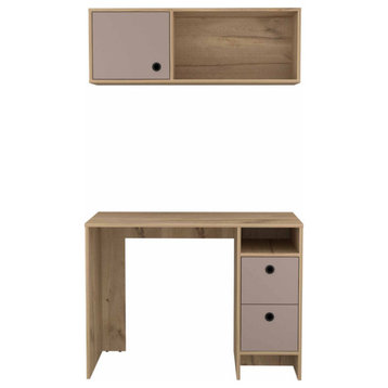 Tokyo Office Desk Set and with Wall Cabinet, Light Oak/ Taupe