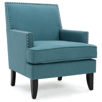 Mid Century Accent Chair, Padded Polyester Seat With Nailhead Trim, Dark Teal