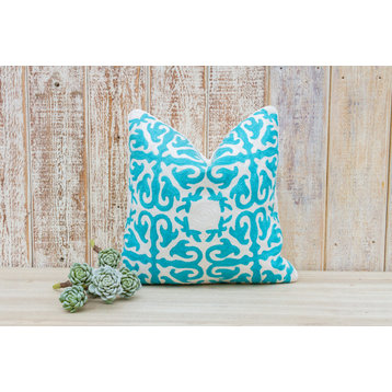 Turquoise & White Moroccan Wool Embroidered Throw Pillow Cover