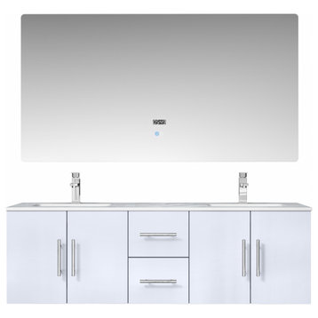 60" Double Vanity With Sink, White, White Marble, Wall Mount