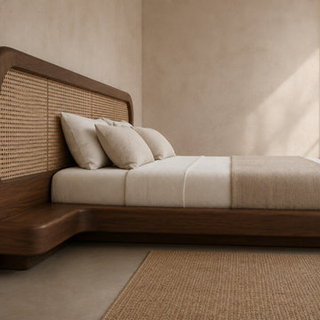 Low Profile Teak Wood Platform Bed | Modern Japandi Cane Headboard