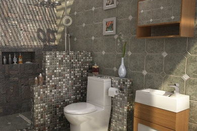 Design ideas for a contemporary bathroom in Sydney with medium wood cabinets, solid surface benchtops, an open shower, a one-piece toilet, gray tile, stone tile and grey walls.
