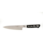 Master Grade - I.O. SHEN Master Grade Utility Knife -  5" / 125 mm - Introducing our versatile all-purpose knife, perfectly sized between a paring and slicing knife. Ideal for carving, slicing, boning, and filleting, it effortlessly handles small fruits and vegetables too. Utilizing our advanced Triplex Steel Technology, each blade features a core of super-hard steel (Rockwell 62°) sandwiched between two layers of softer stainless steel (Rockwell 10°), delivering an unparalleled cutting edge. This innovation ensures remarkable sharpness and long-lasting performance. Handcrafted over 7 hours to a precise 15° angle, each paring knife offers effortless slicing and a superb cutting experience. The unique "Yin Yang" handle design enhances balance and stability, while the Tai Tang handle integrates seamlessly into the blade for added strength. Made from durable, heat-resistant ebonite, these handles are not dishwasher safe to maintain optimal quality. Each cutting knife is a blend of artistry and functionality, making it a standout tool in any kitchen.