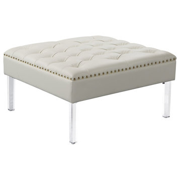 Elegant Ottoman, Acrylic Legs & Faux Leather Upholstery With Tufted Top, White