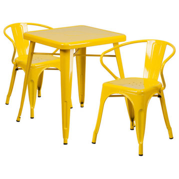 Metal Indoor-Outdoor Table Set With 2 Arm Chairs, Yellow, 27.75"x27.75"x29"