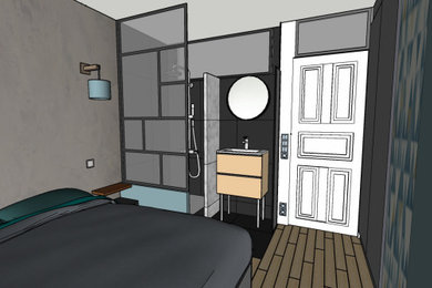 Inspiration pour une chambre minimaliste de taille moyenne avec un sol en bois brun.