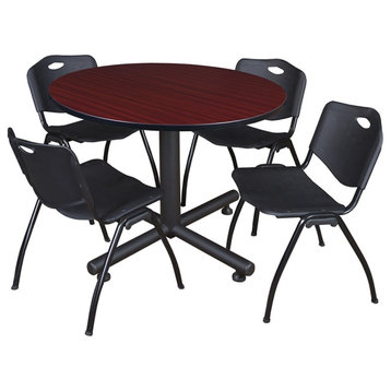 Kobe 48" Round Breakroom Table- Mahogany & 4 'M' Stack Chairs- Black