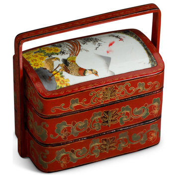 Vintage Chinese Red Lacquer Tiered Lunch Box with Bird and Flower Porcelain Lid
