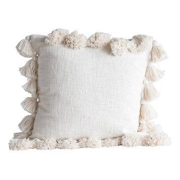 Luxurious Square Cotton Woven Slub Pillow With Tassels, Cream
