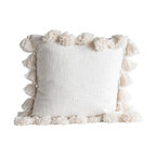 Luxurious Square Cotton Woven Slub Pillow With Tassels, Cream