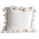 Olive Grove - Luxurious Square Cotton Woven Slub Pillow With Tassels, Cream - Create a cozy and chic atmosphere in the home with this woven cotton slub pillow with tassels in cream. This pillow features a woven cotton slub cover with a natural and soft feel, giving the pillow a cozy and comfortable look. The body showcases tassels on each corner that add flair and texture to the pillow, making it a statement piece in any room. The tassels also create a subtle contrast and movement to the pillow, enhancing its visual appeal. The pillow comes with a polyester fill insert that offers comfort and support. The pillow cover is made of cotton slub, durable, breathable, and easy to care for. Machine wash it in cold water and tumble dry on low heat. The filling is made of 100% polyester, which is hypoallergenic and lightweight. The pillow measures 18 inches by 18 inches, making it a perfect size for adding style and flair to the sofa, bed, or chair. Whether in a modern, rustic, or bohemian interior, this woven cotton slub pillow with tassels will make the home more beautiful and cozy.