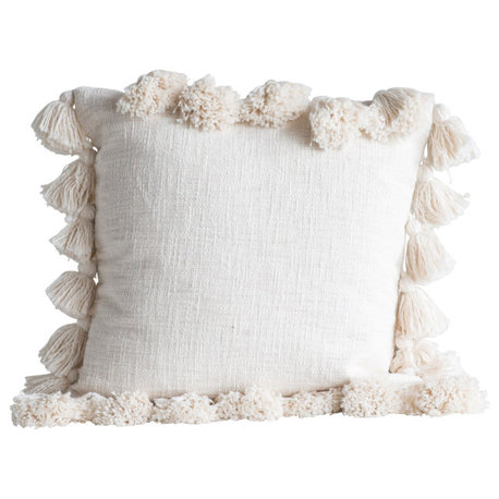 Luxurious Square Cotton Woven Slub Pillow With Tassels, Cream