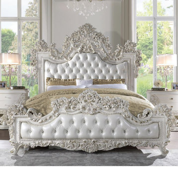 ACME Adara Eastern King Bed, White PU and Antique White Finish