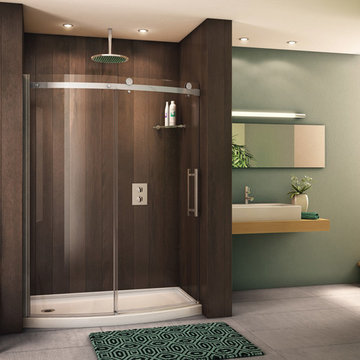 Shower and tub enclosures with matching acrylic bases