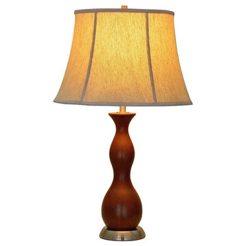 40002, 28" High Wooden Table Lamp, Brown Wood With Satin Nickel Base