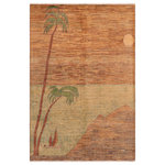 Bareens Designer Rugs - Shabby Chic Gabbeh Kiana Blue/Green Wool Rug - 6'1'' x 8'10'' - With strict standards of craftsmanship and quality of materials used this modern inspired hand knotted Gabbeh rug is a unique piece of world art. A fashionable handmade rug crafted by skilled artisans with trendy and elegant design with sophisticated modern color pallet creates a compelling focal point in any living area. Hand-knotted Gabbeh rugs are the simplest of all oriental handmade rugs, featuring small animal and human figures on an empty field. They are also designed with colorful geometric shapes which makes them unique and versatile. A hand-knotted Gabbeh rug is referred to as a modern contemporary and geometric piece of art. Intricately hand-knotted with luxurious wool and outstanding quality this rug meshes with classic to contemporary decor seamlessly.