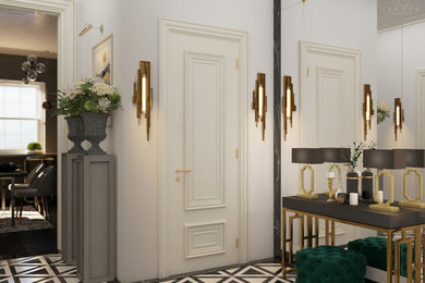 Example of a large minimalist marble floor and white floor entryway design in Moscow with white walls and a white front door