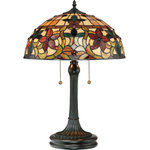 Quoizel - Quoizel TF878T Kami 2 Light Table Lamp in Vintage Bronze - This lovely Tiffany style collection features a handcrafted genuine art glass shade created in hues of amber caramel ginger and emerald. The glass is arranged in a classic Art Nouveau pattern. The warm color palette creates a harmonious balance of light and the complementary base is finished in a vintage bronze.
