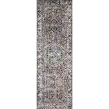 Taupe Stone Teal Navy Printed Polyester Layla Area Rug by Loloi II, 2'-6"x12'-0"