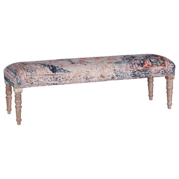 World Interiors Algiers Fabric Upholstered Turquoise Print Bench in Multi-Color