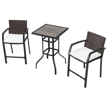 3 Pieces Patio Bistro Set, Square Wood Top Table and 2 Cushioned Stools, White