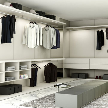 Fitted Walk in wardrobe in Light grey matt finish supplied by Inspired Elements