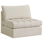 Meridian Furniture - Jacob Velvet Upholstered Modular Armless Chair, Cream - Create the ideal seating arrangement for your space when you pick and choose the elements you like mostincluding this Jacob velvet modular armless chair. Mix and match items in the Jacob collection to bring your living space or family room together with a personalized slant. Soft cream velvet upholstery is soft and welcoming to the touch, adding a luxurious feel to everyday seating. Deep channel tufting adds to the piece's durability, and latches underneath the unit make it easy to attach to other pieces in the collection.