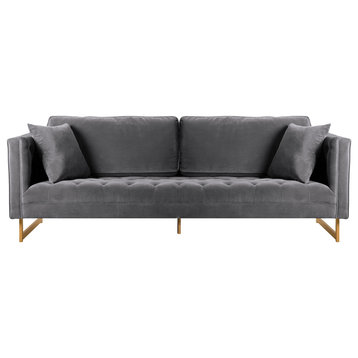 Lenox Velvet Sofa With Brass Legs, Gray