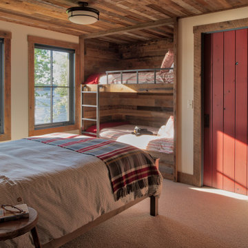 Reclaimed Wood Paneling and Trim in Rustic Lakeside Bedroom