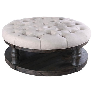 Rustic Coffee Table, Round Button Tufted Top With Lower Open Shelf, Antique Gray