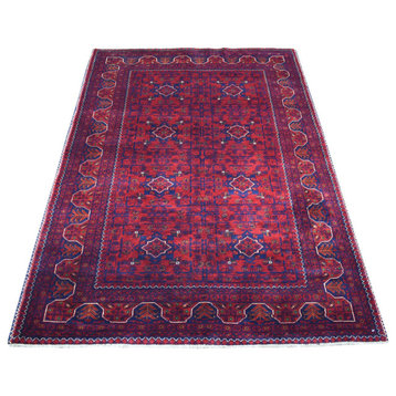 Saturated Red With Blue Afghan Khamyab Hand Knotted Wool Rug, 3'10" x 5'9"