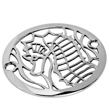Round Shower Drain, Sea Horse by Designer Drains, Polished Stainless Steel, 4"