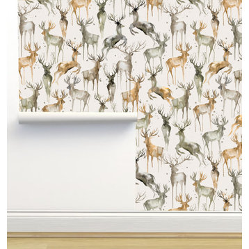 Watercolor Wintery Deers Beige Wallpaper by Ninola Designs, Sample 12"x8"