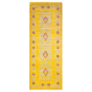Eclectic, One-of-a-Kind Hand-Knotted Area Rug, Yellow, 3'1"x8'3"