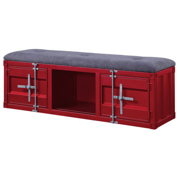 2 Metal Door Storage Bench With Open Compartment And Fabric Upholstery, Red