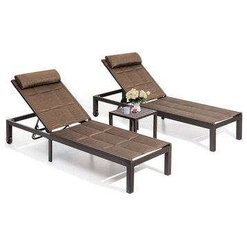 Outdoor Recliner Adjustable Quilted Chaise Lounge Chair and Table Set, Brown