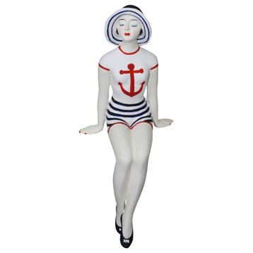 Retro Bathing Beauty Figurine Swim Suit Beach Ball Navy Stripes Anchor Nautical