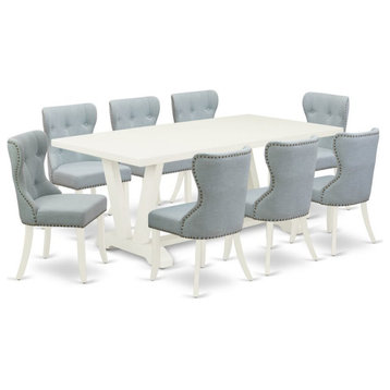 East West Furniture V-Style 9-piece Wood Dining Set in Linen White/Baby Blue