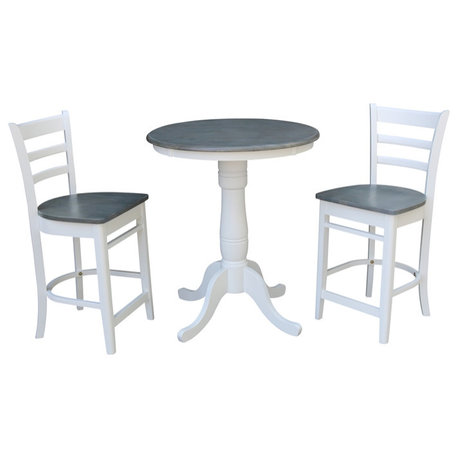 30" Round Pedestal Gathering Height Table With 2 Emily Counter Height Stools, White/Heather Gray